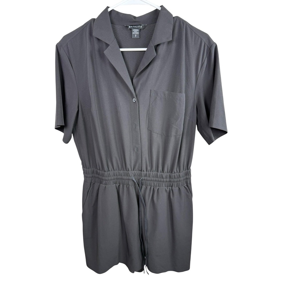Athleta Romper Womens S Black Short Sleeve Button Front Elastic Waist Stretch